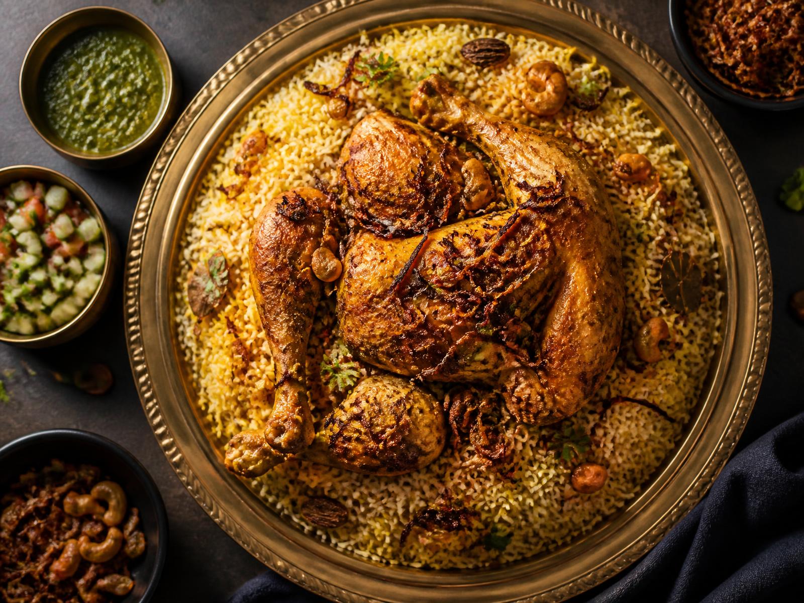 Yemeni chicken kabsa platter served on a brass tray