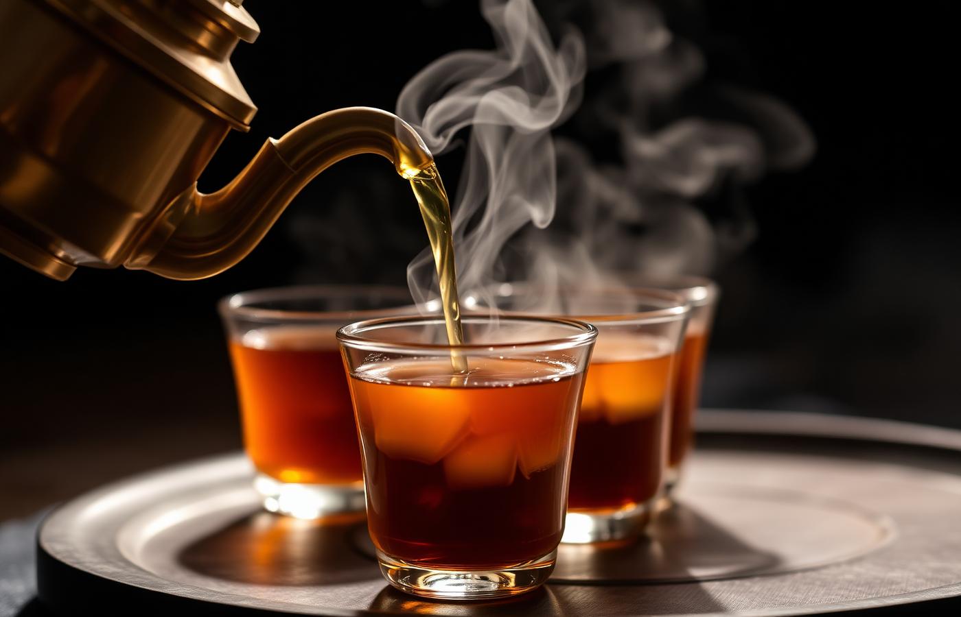 Yemeni spiced tea poured from a brass pot into small glasses